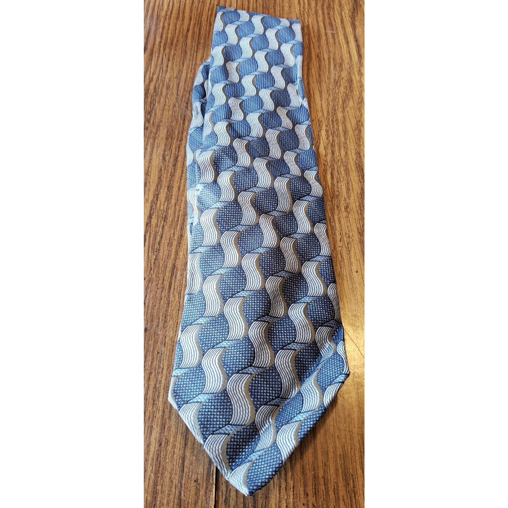 Blue Gray Geometric Wave Pattern Mens Joseph & Feiss 100% Silk Necktie Tie